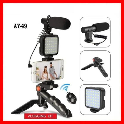 Ay-49 Video Making Kit Mobile Vlogging Tripod Triple Band Light