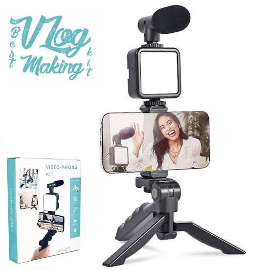 Ay-49 Video Making Kit Mobile Vlogging Tripod Triple Band Light